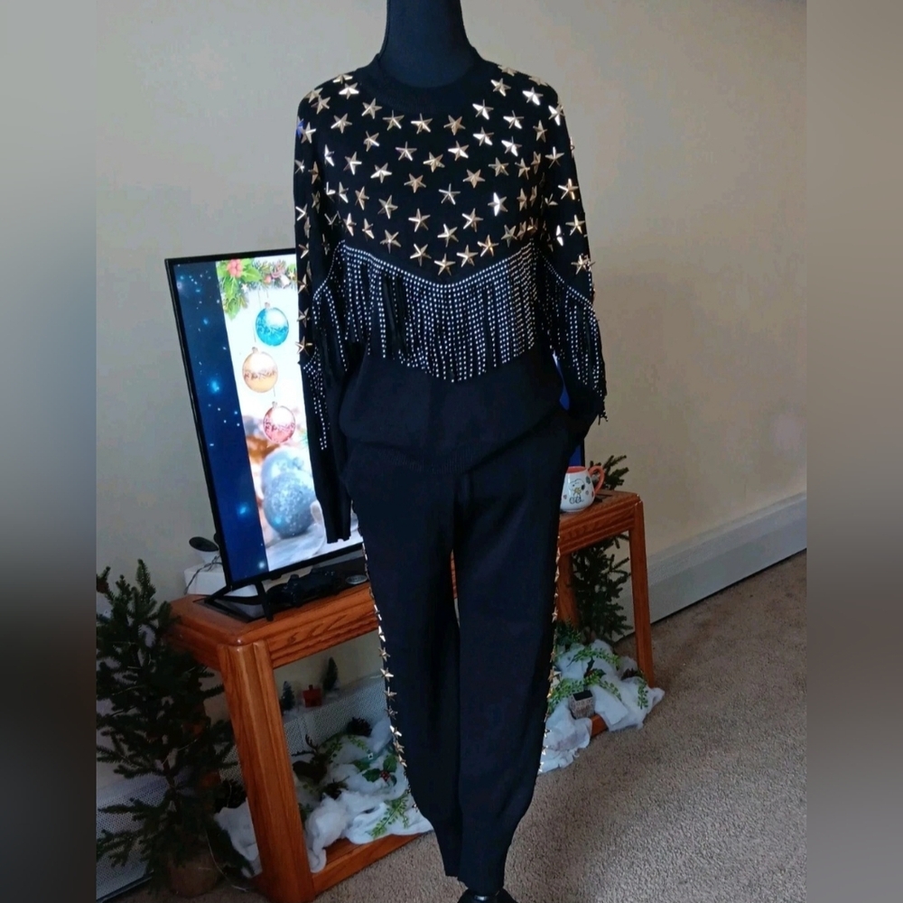 Women's Long sleeves Black Sweatsuit Gold Stars Fringe Sweater Jersey Pants S/ M